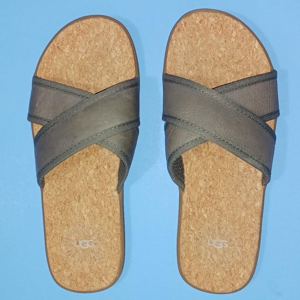 UGG SEASIDE SLIDE SANDALS MEN SIZE 7/ Women's Sz 8WIDE OLIVE GREY LEATHER + Cork